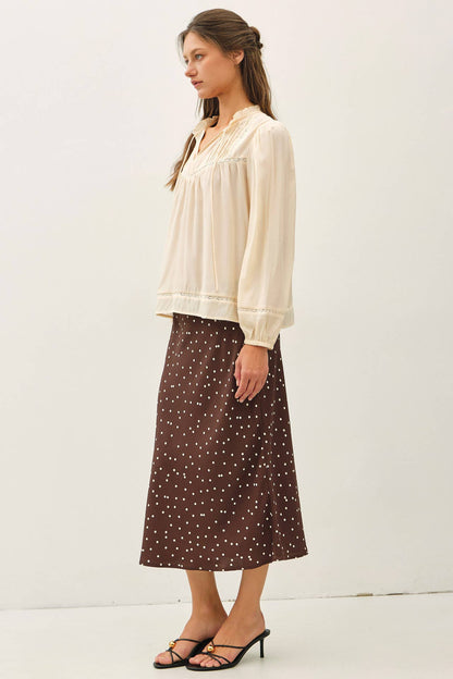 RUFFLED V-NECK SILKY PEASANT BLOUSE
