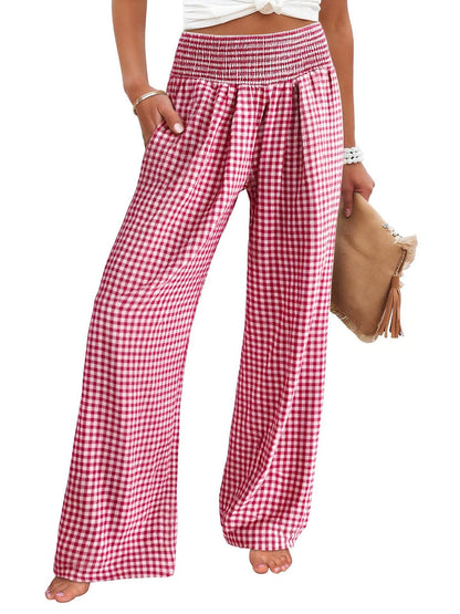 Gingham Smocked Waist Wide Leg Pants with Pockets