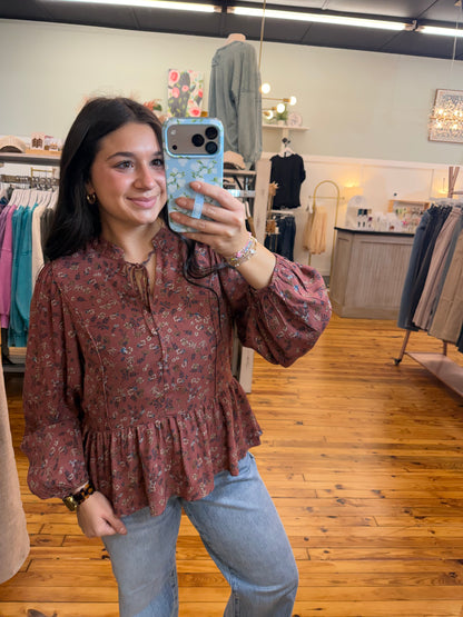 FLORAL PRINT V-NECK CHIFFON BLOUSE TOP