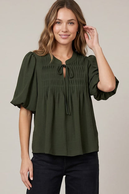 Puff Sleeve Pintuck Detail Woven Top(2 Colors)