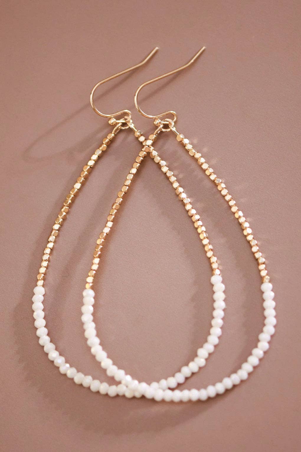Gold Beaded Hollow Drop Earrings with White Glass Beads - 6390