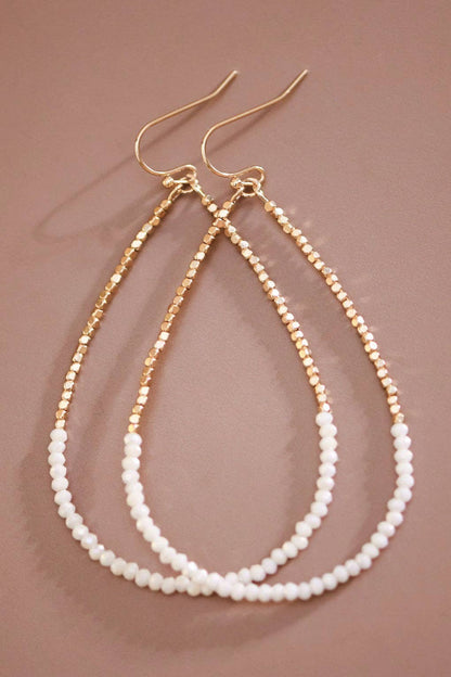 Gold Beaded Hollow Drop Earrings with White Glass Beads - 6390