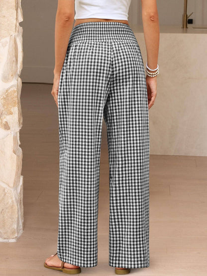 Gingham Smocked Waist Wide Leg Pants with Pockets