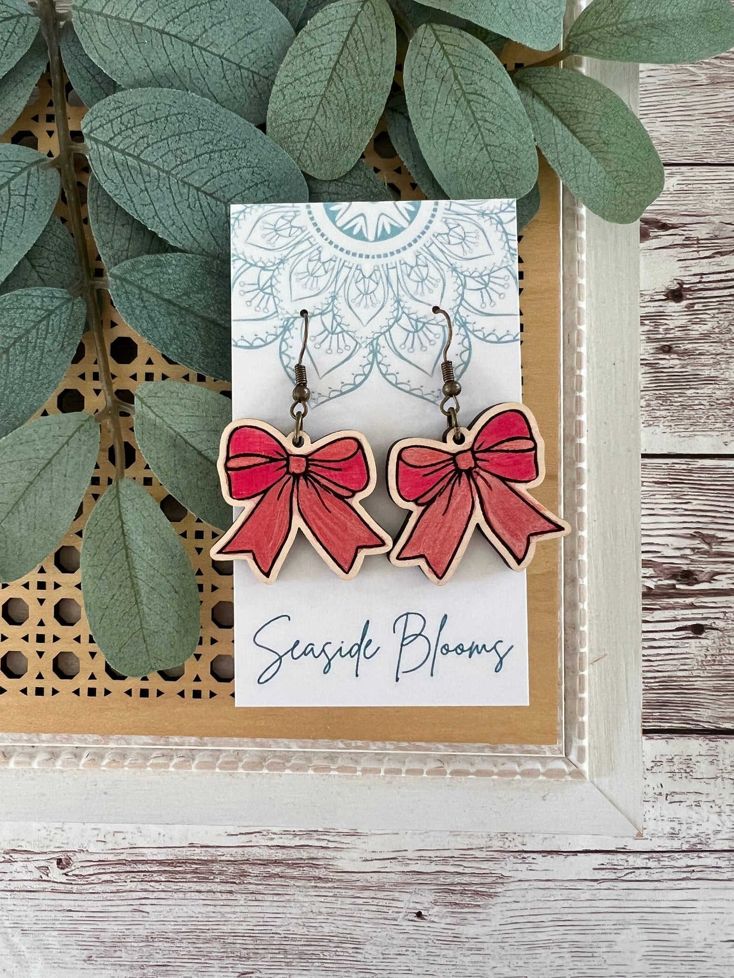 Bow hand painted lightweight maple wood bow earrings