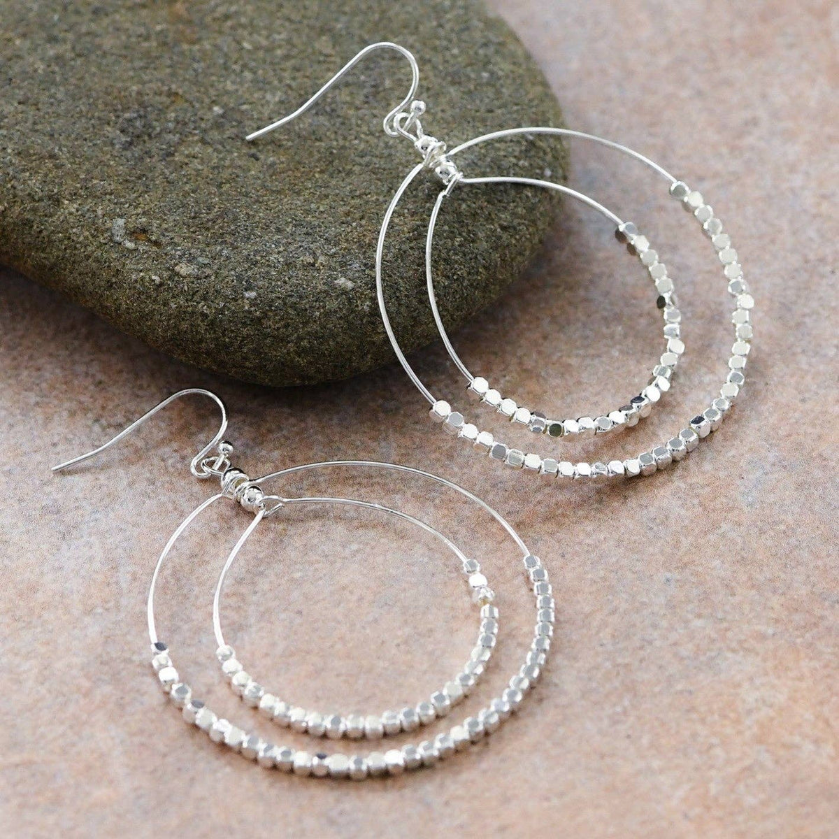 Silver Beaded Double Circle Drop Earrings - 5806