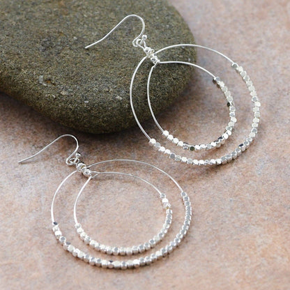 Silver Beaded Double Circle Drop Earrings - 5806