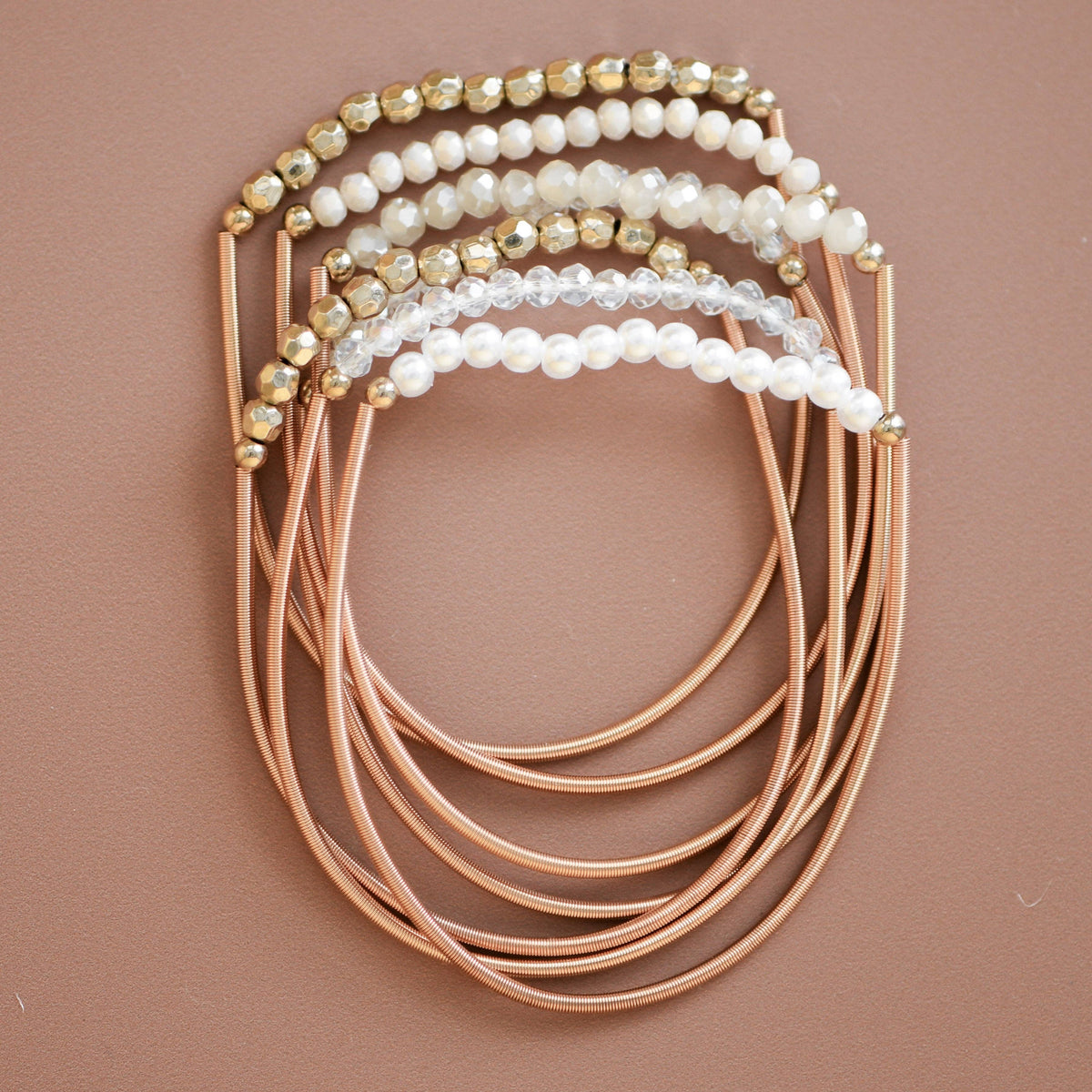 Boho Layered Spring Coil Guitar String White Bracelet Set - 6961