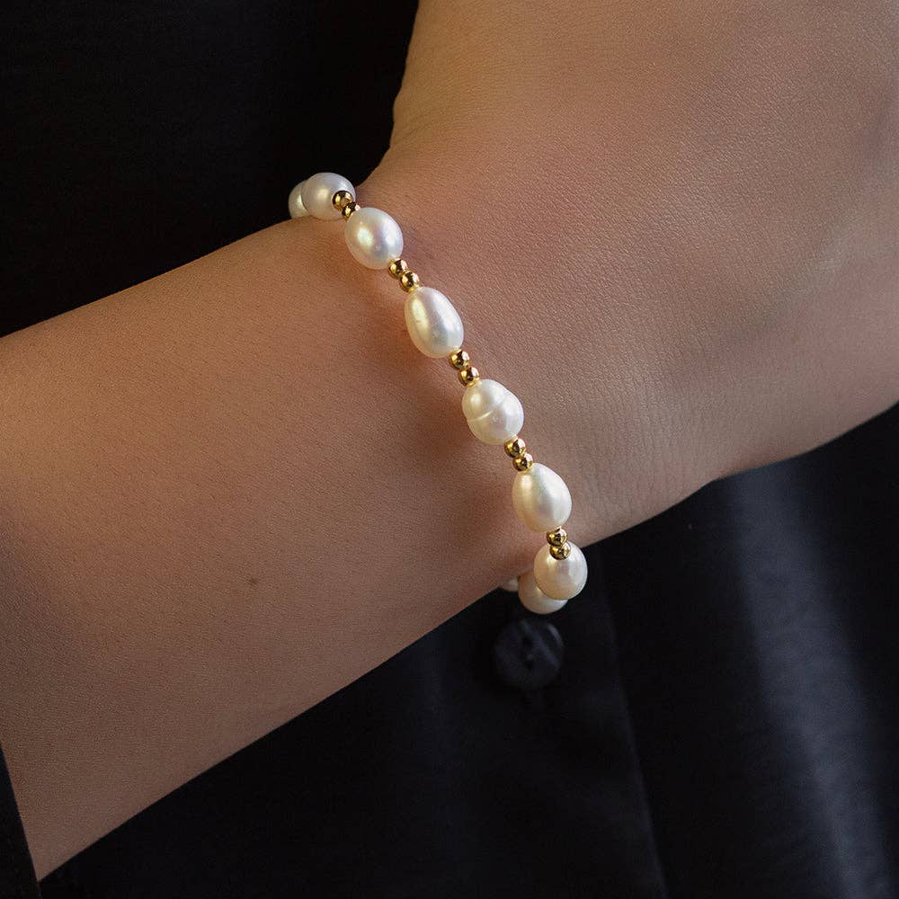 Tarnish Resistant Pearl & Gold Duo Beaded Stretch Bracelet
