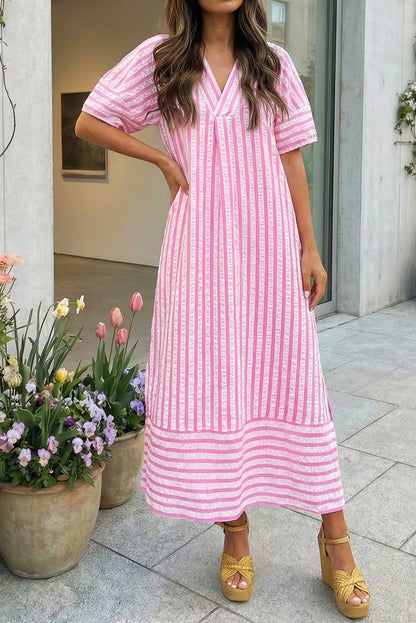 🩷Stripe V-Neck Short Sleeve Long Dress (S-XL)