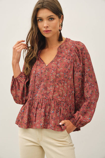 FLORAL PRINT V-NECK CHIFFON BLOUSE TOP