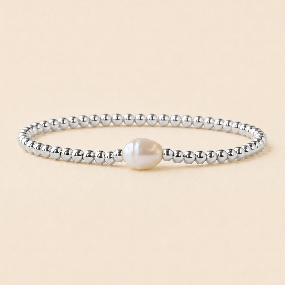 Uno Silver Plated Beaded Stretch Bracelet with Pearl