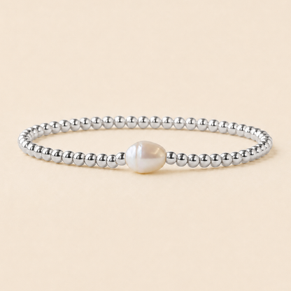 Uno Silver Plated Beaded Stretch Bracelet with Pearl