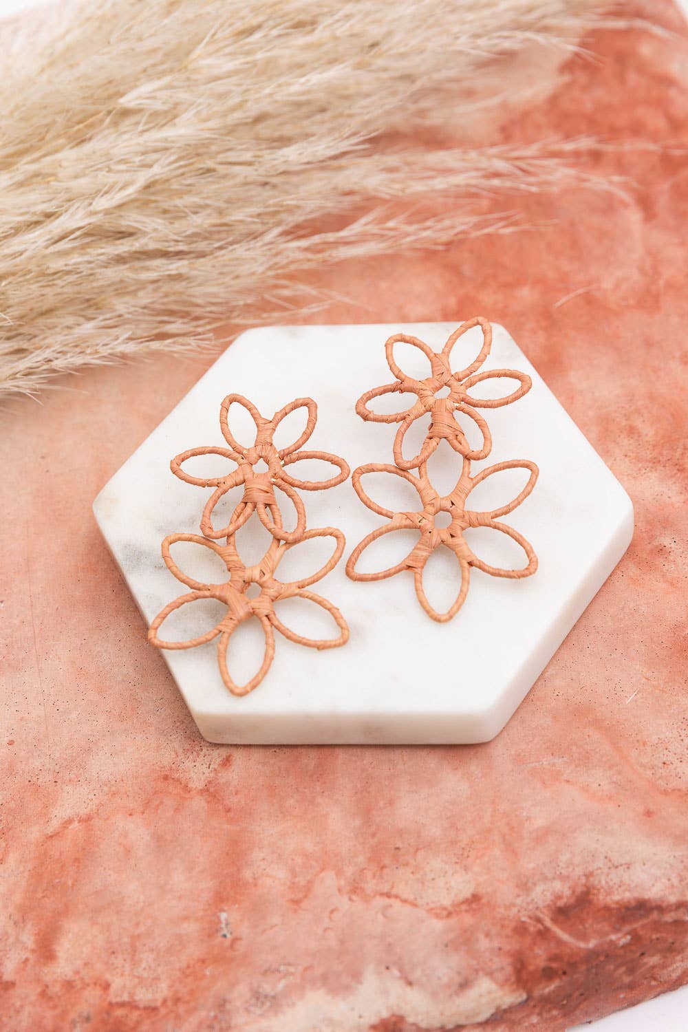 SALE! Double Raffia Flower Drop Earrings