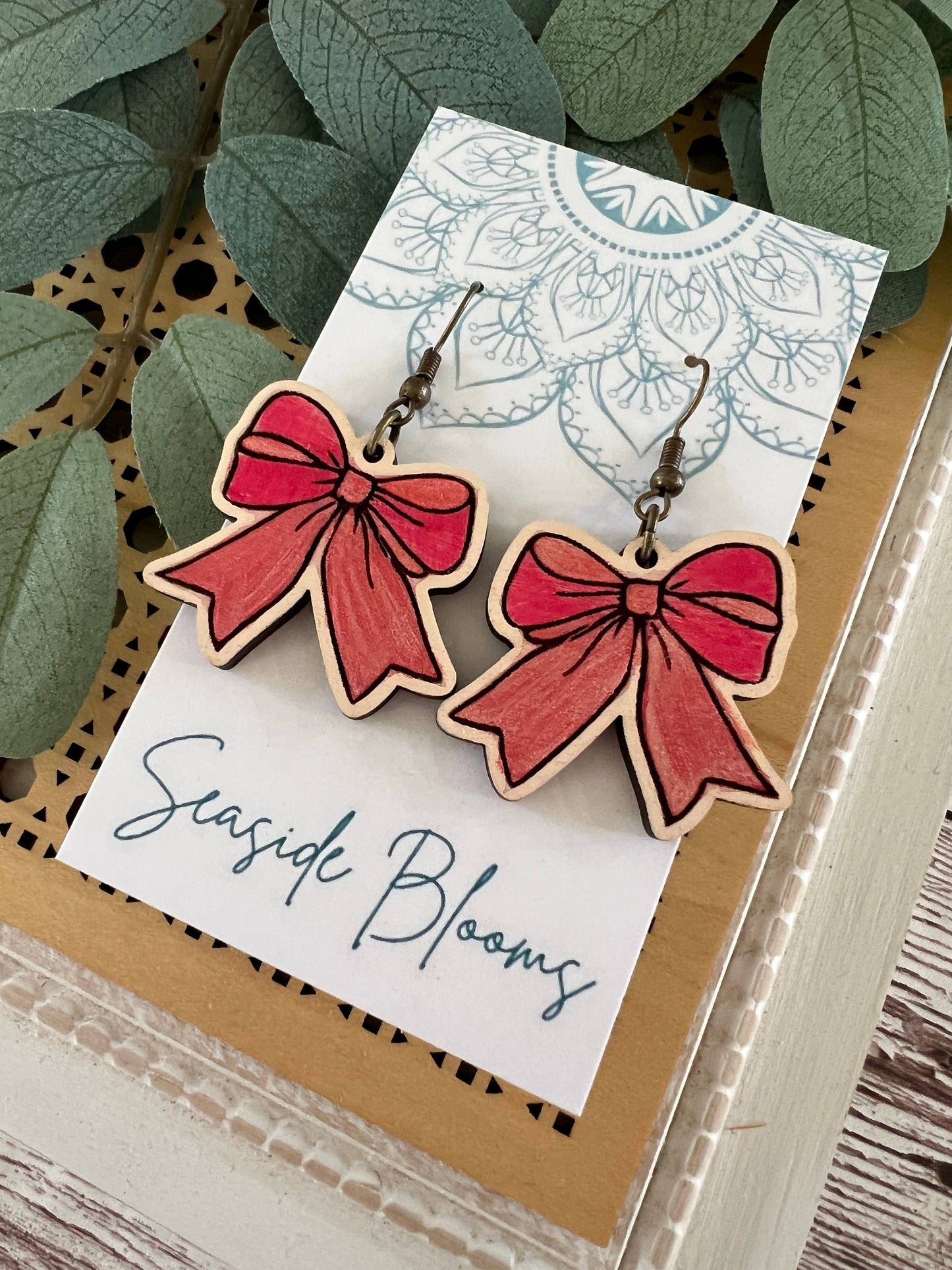 Bow hand painted lightweight maple wood bow earrings