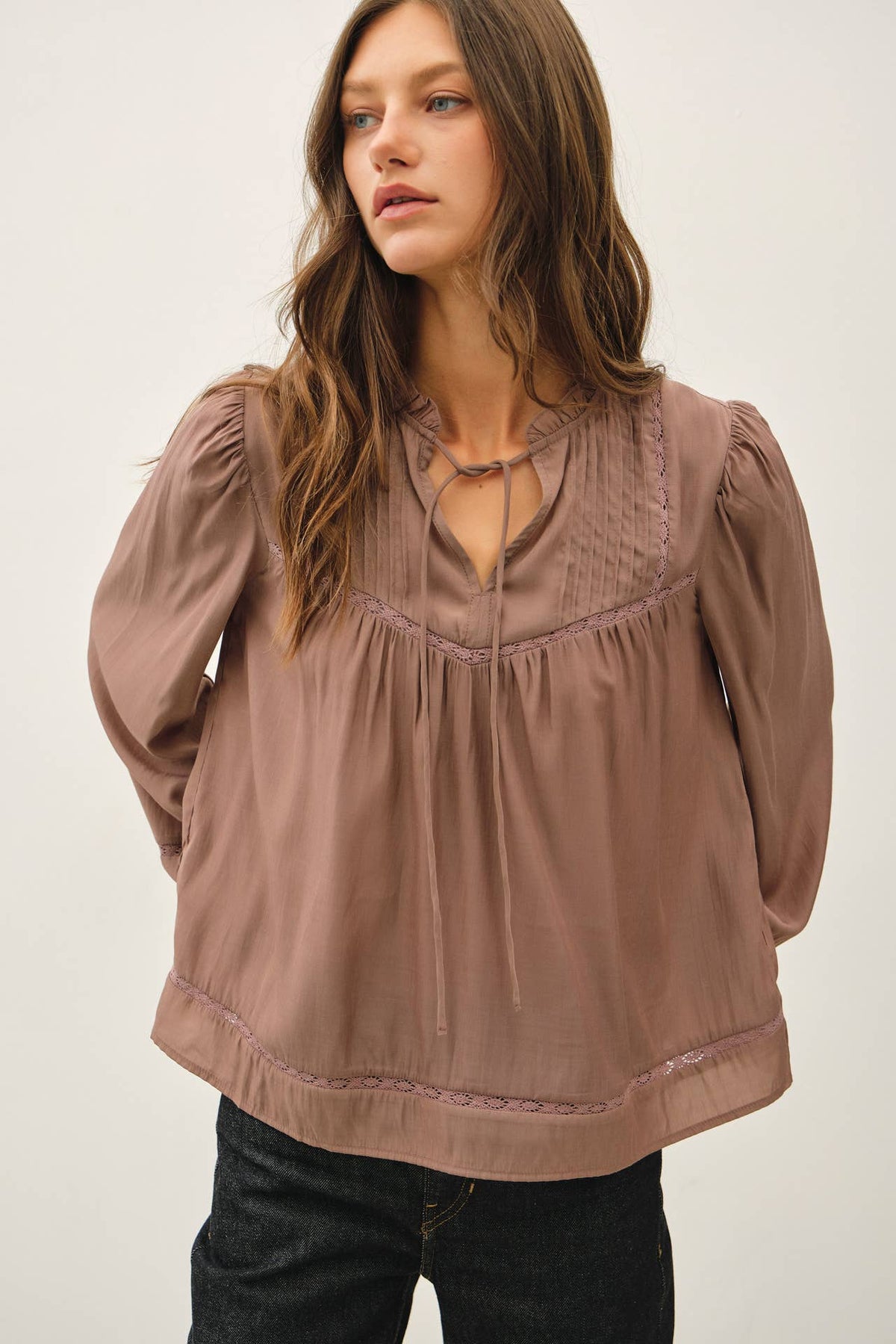 RUFFLED V-NECK SILKY PEASANT BLOUSE