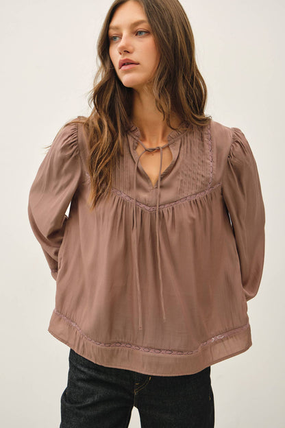 RUFFLED V-NECK SILKY PEASANT BLOUSE