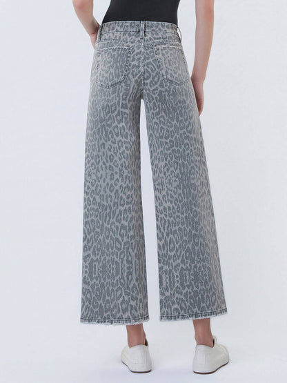 HIGH RISE GREY LEOPARD PRINT CROP WIDE LEG JEANS T7331GLP