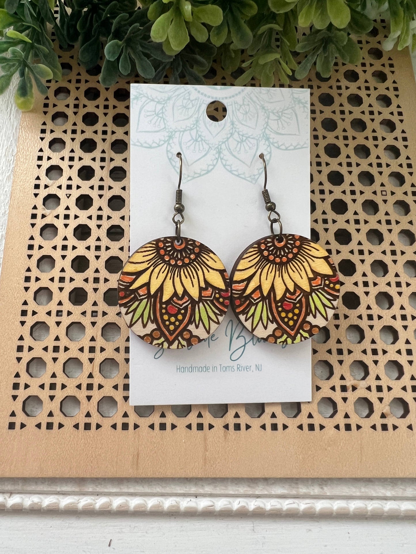 🌻Sunflower mandala hand painted wood earrings