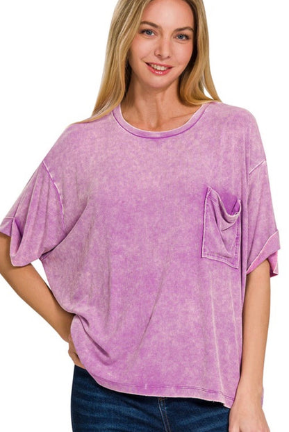 Washed Ribbed Zenana Short Sleeve Top