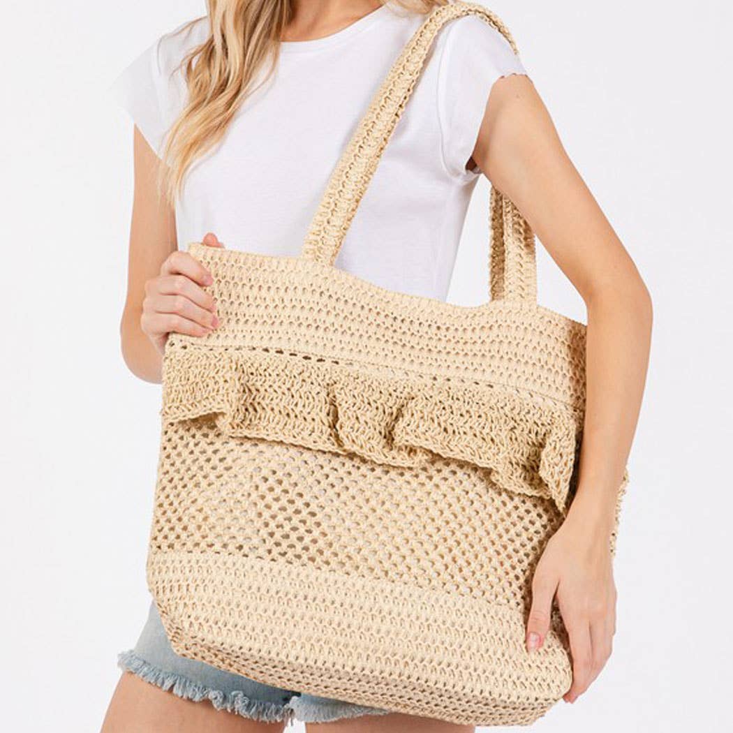RUFFLE DETAIL CROCHET STRAW BAG