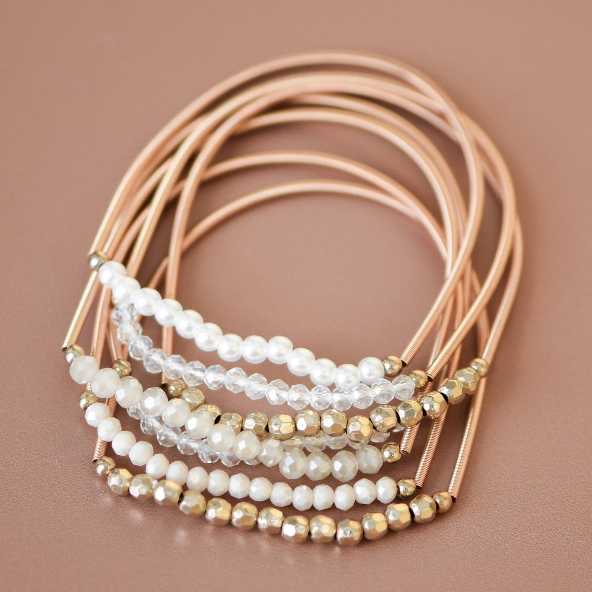 Boho Layered Spring Coil Guitar String White Bracelet Set - 6961