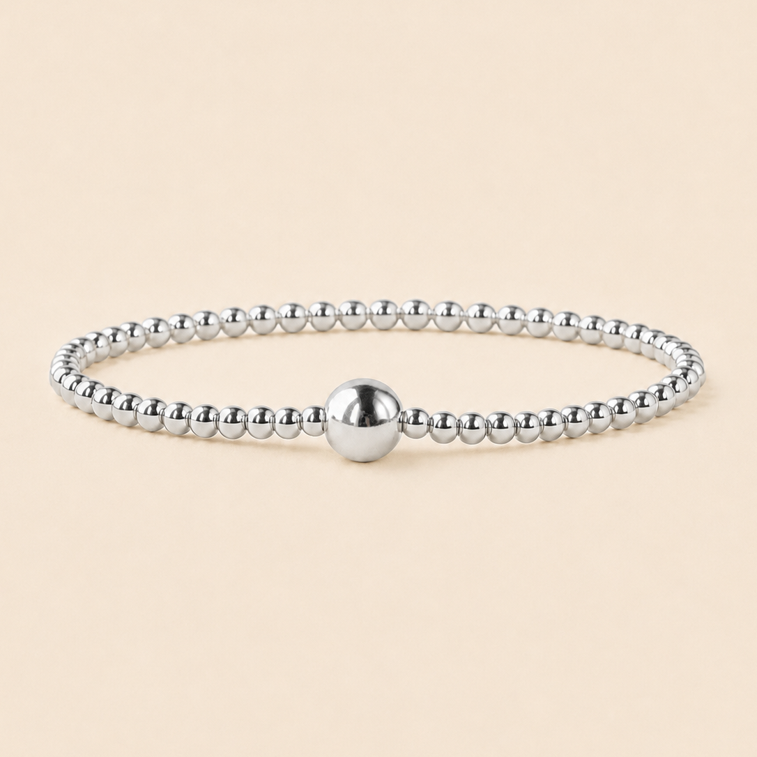 Uno Silver Plated Smooth Beaded Stretch Bracelet