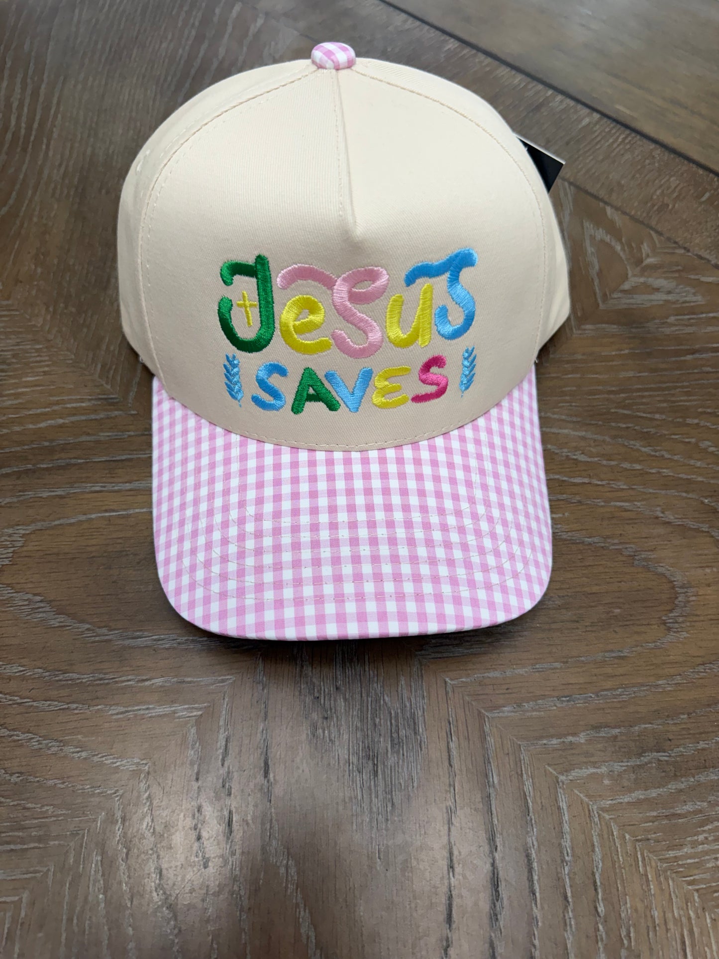 “Jesus Saves” Gingham Trucker Hat