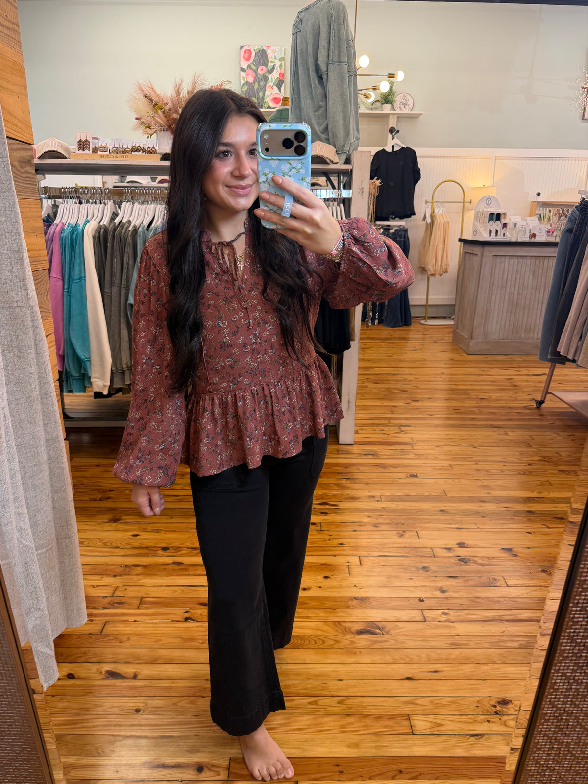FLORAL PRINT V-NECK CHIFFON BLOUSE TOP