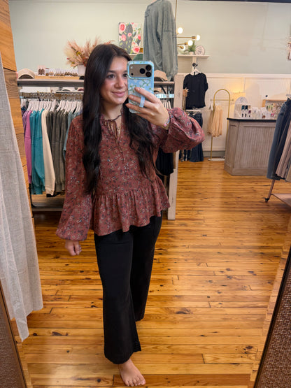 FLORAL PRINT V-NECK CHIFFON BLOUSE TOP
