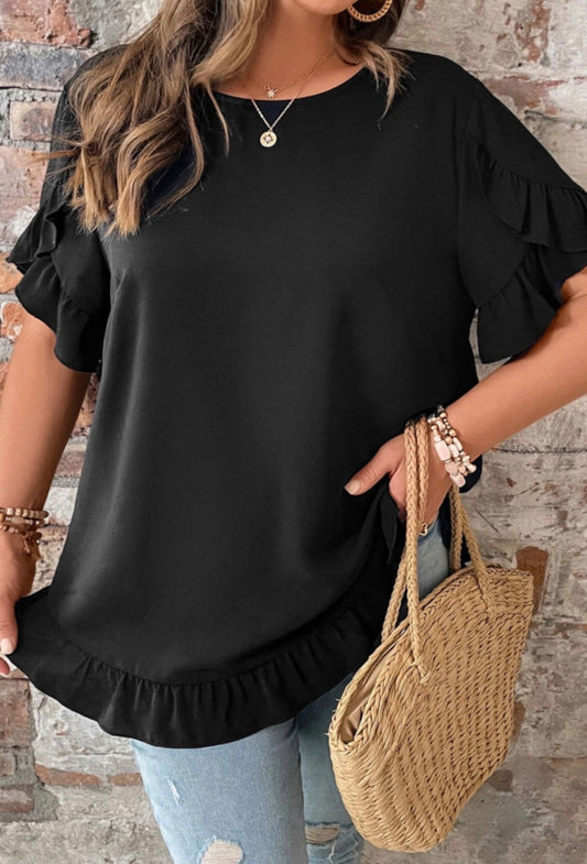 Black Ruffle Trim Plus Size Top