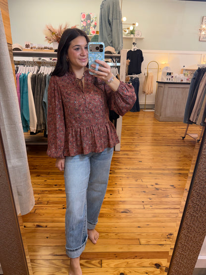 FLORAL PRINT V-NECK CHIFFON BLOUSE TOP