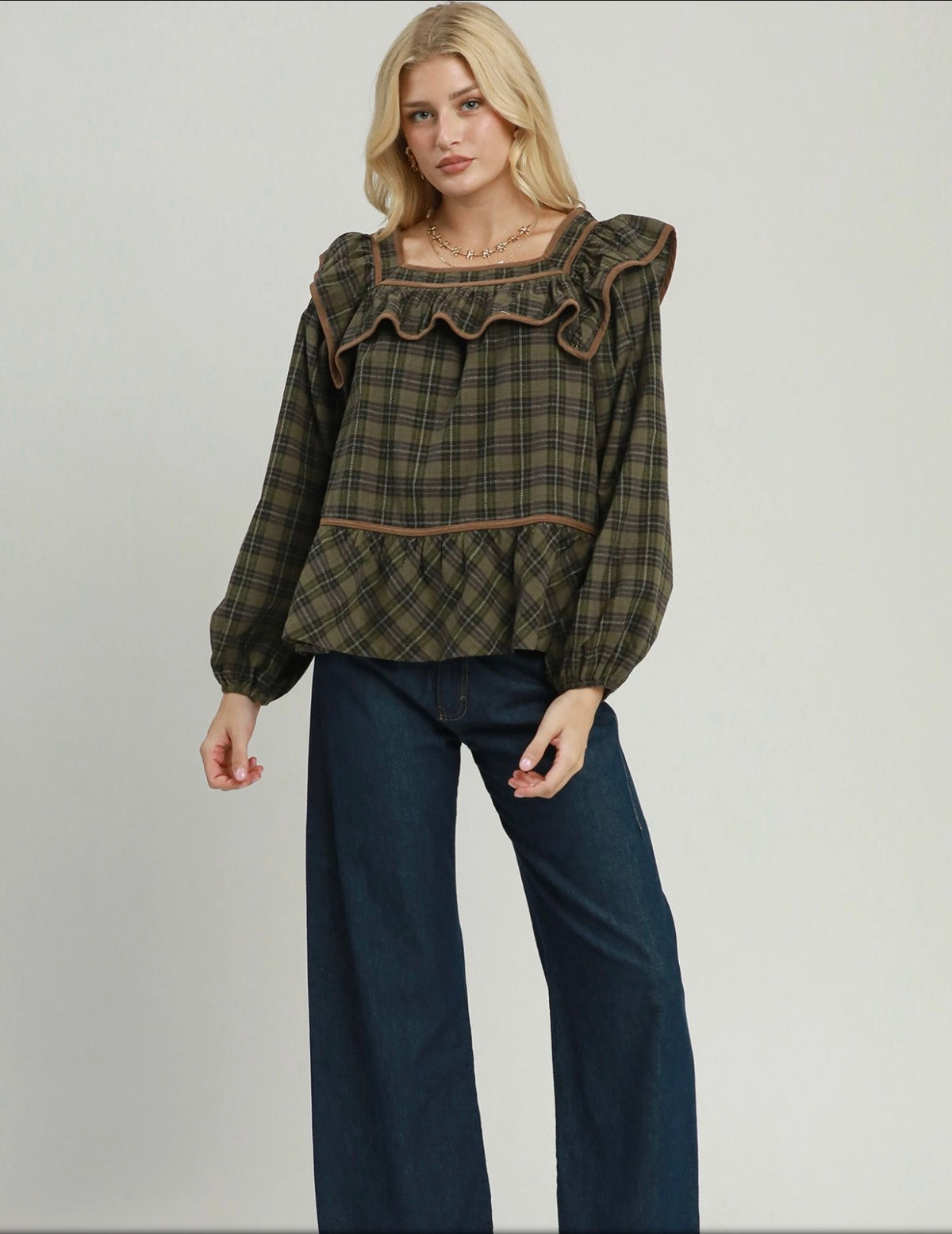Plaid Ruffle-Trim Peplum Top