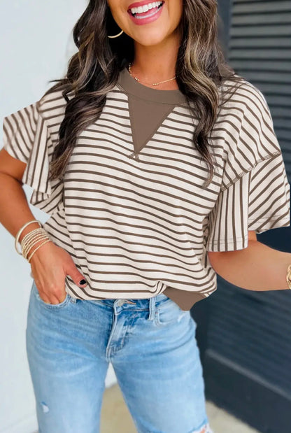 Detail Striped Ruffle Short Sleeve Top
