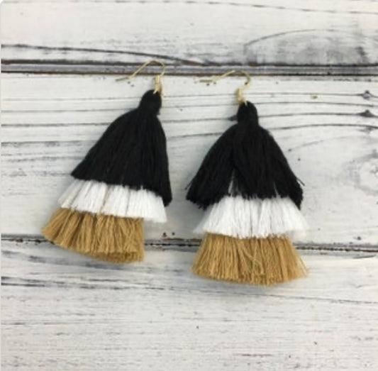 3 layer tassel earrings black and gold