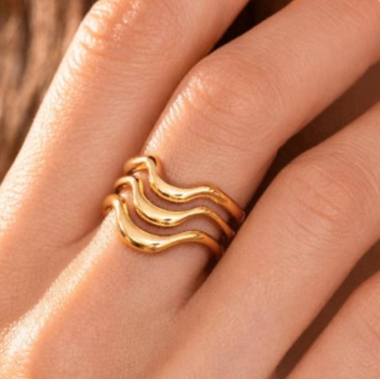 18K Gold Plated Waterproof Stainless Steel Wave Band Ring