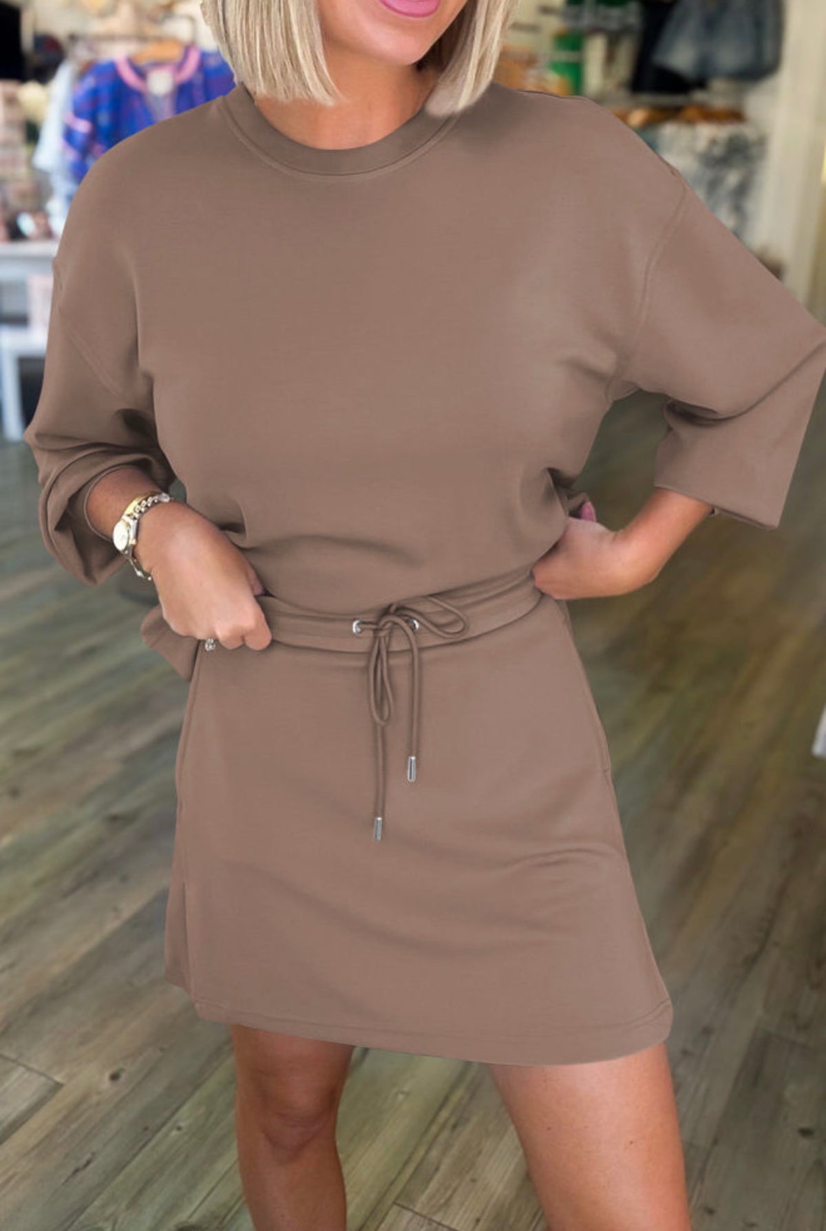 Coffee Drop Shoulder Drawstring 2PC. Skirt Set