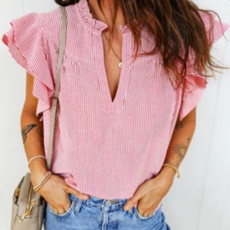 Red Striped Split Neck Ruffle Sleeve Top