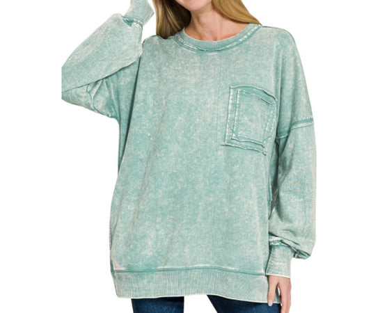 Acid wash raw edge front pocket pullover