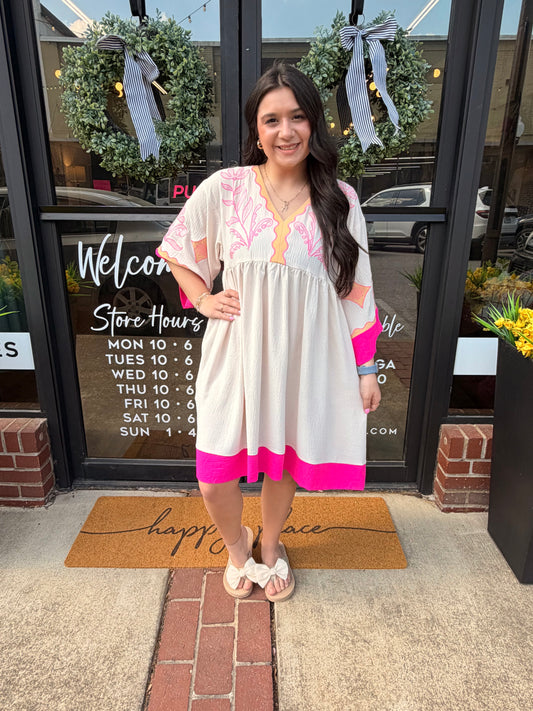 The Katie Embroidered Plunge V Neck Mini Dress (S-L)(Runs Roomy)