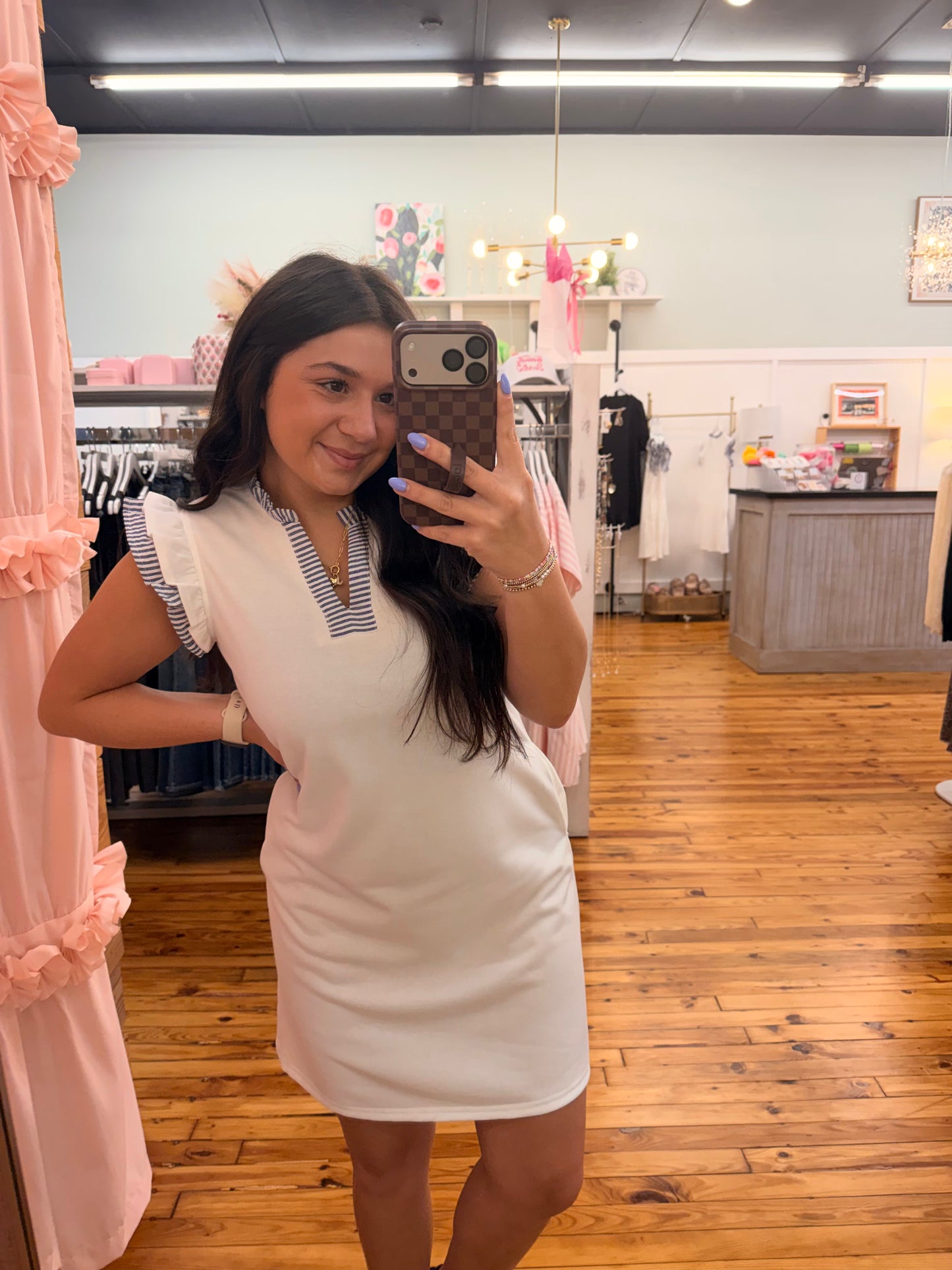 Striped Split Neck Ruffle Trim Sleeveless Dress (S-XL)