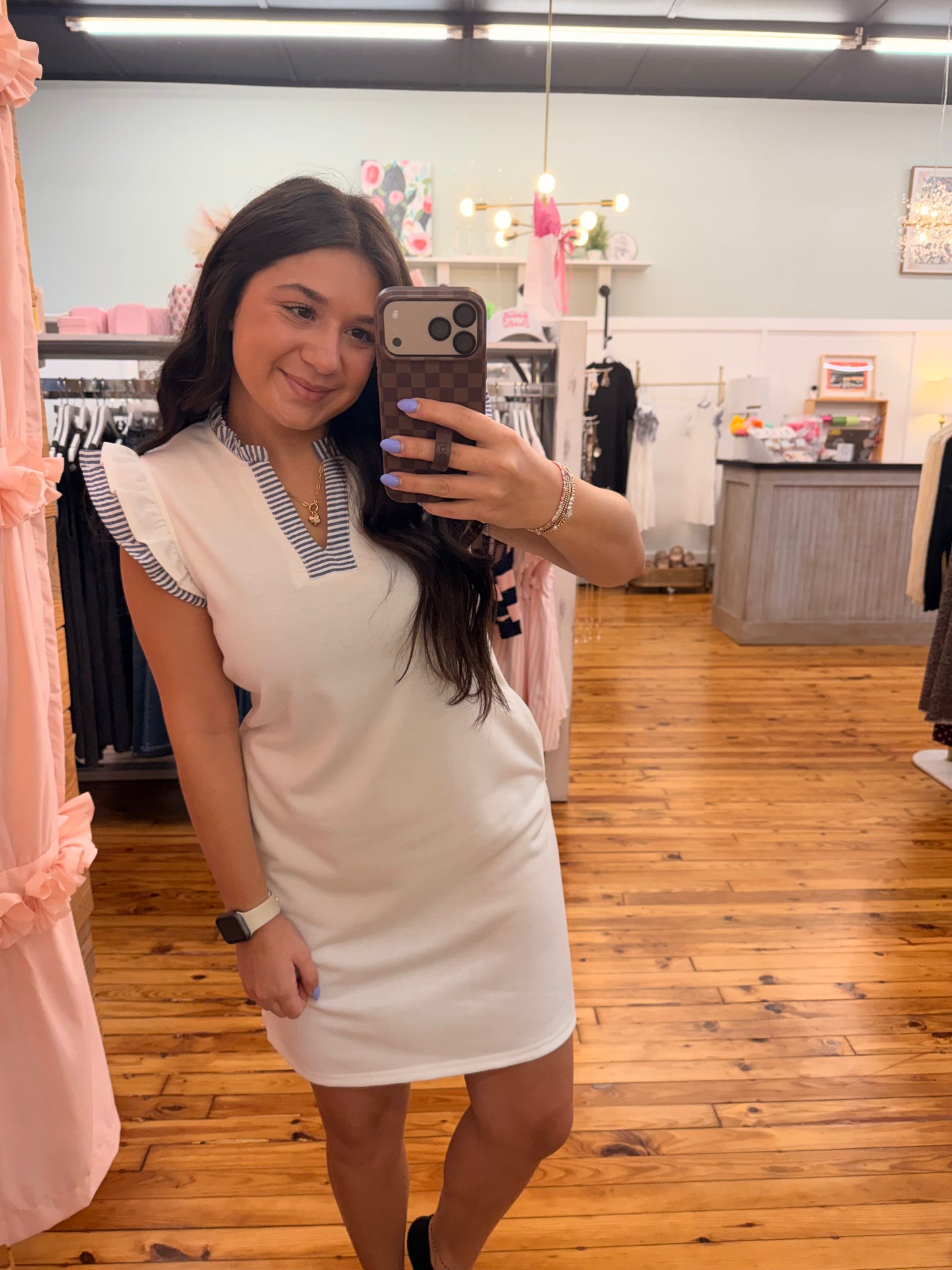 Striped Split Neck Ruffle Trim Sleeveless Dress (S-XL)
