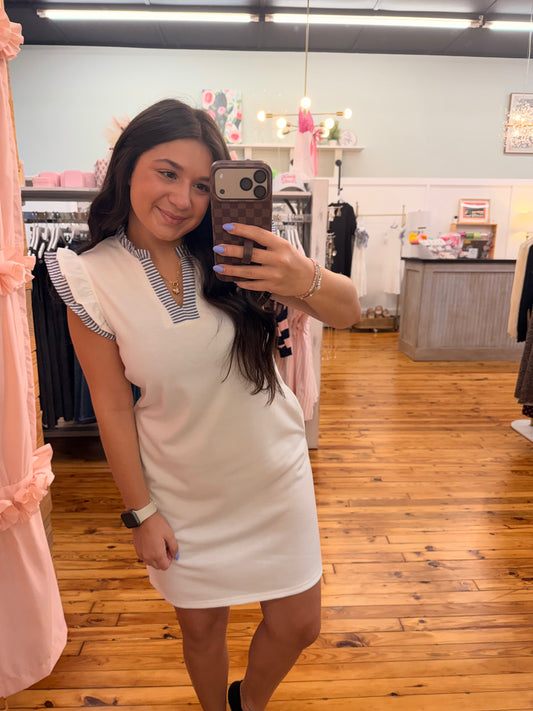 Striped Split Neck Ruffle Trim Sleeveless Dress (S-XL)