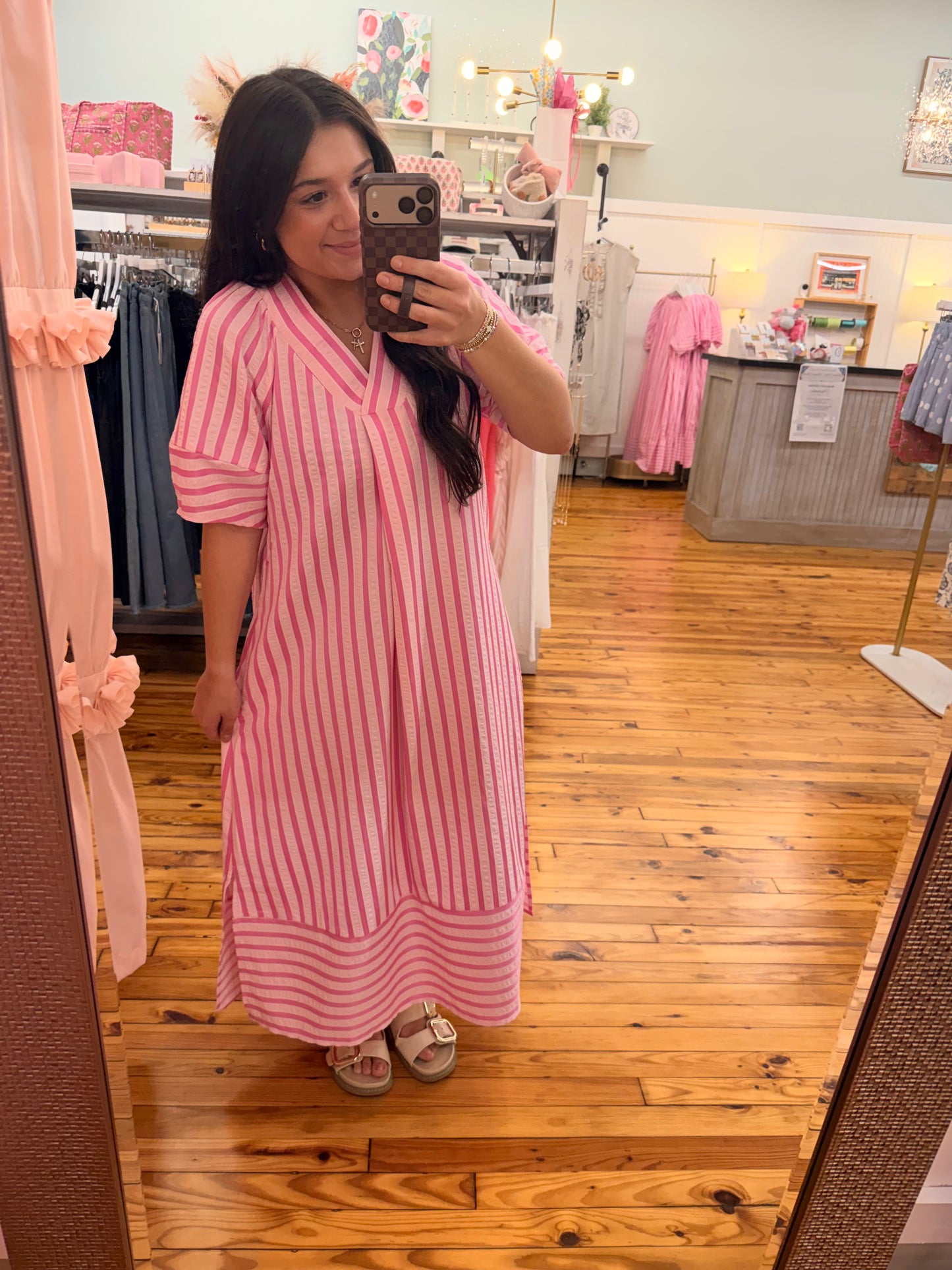 🩷Stripe V-Neck Short Sleeve Long Dress (S-XL)