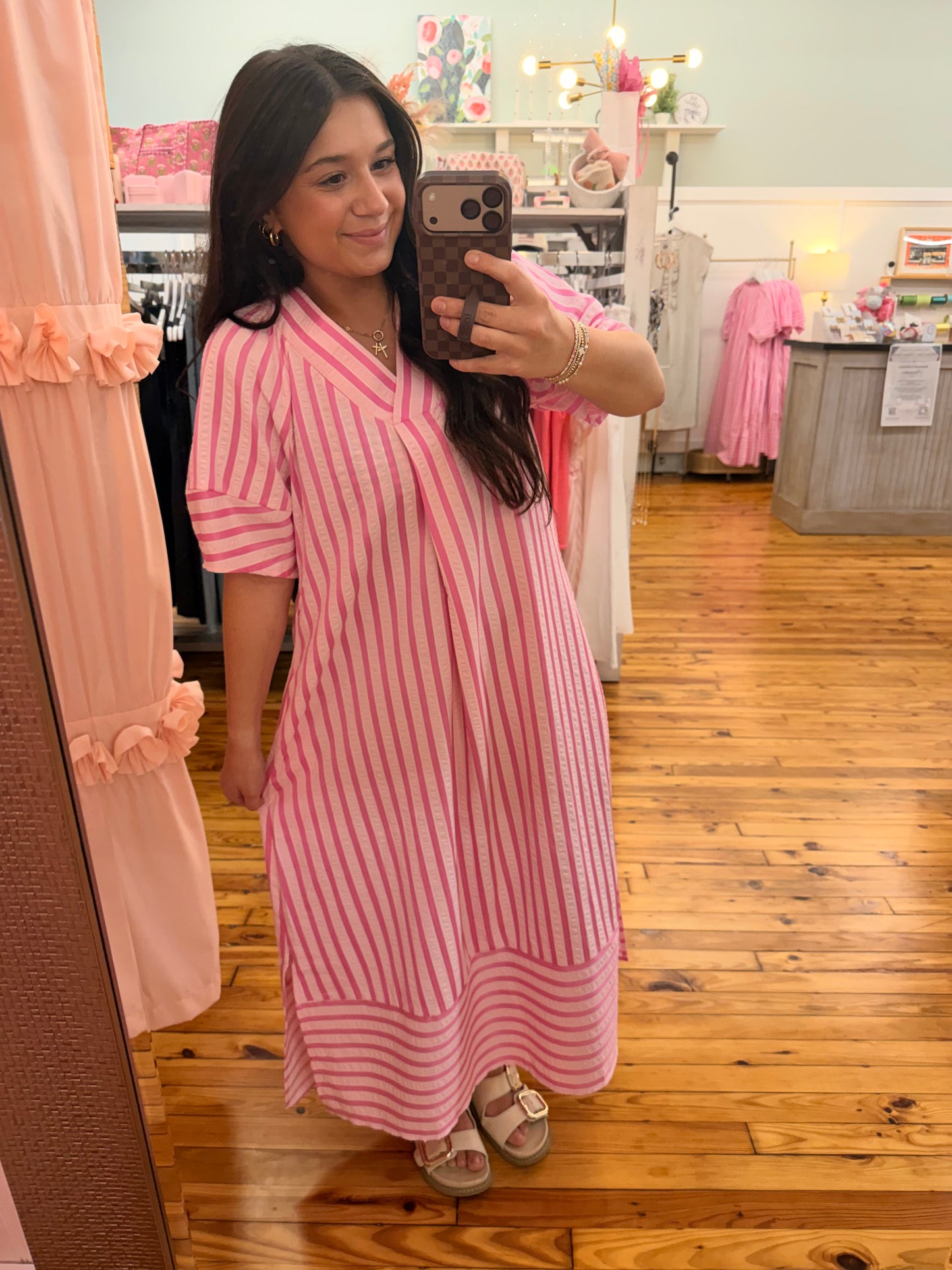 🩷Stripe V-Neck Short Sleeve Long Dress (S-XL)