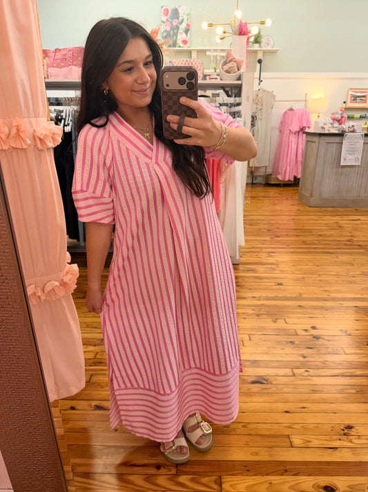 🩷Stripe V-Neck Short Sleeve Long Dress (S-XL)