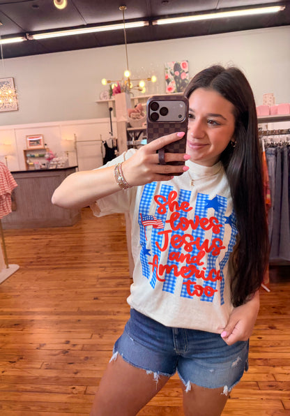 💙♥️🇺🇸She Loves Jesus Shirt and America Too Graphic Tee(S-3X)
