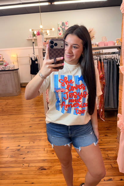 💙♥️🇺🇸She Loves Jesus Shirt and America Too Graphic Tee(S-3X)