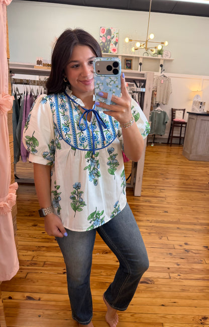 White Floral Tie Neck Top