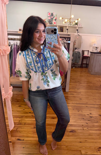 White Floral Tie Neck Top