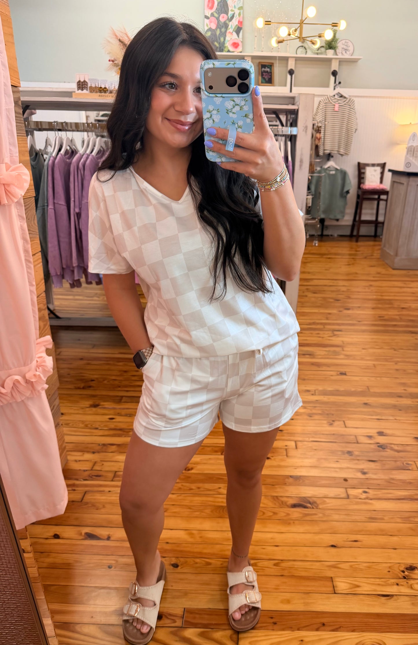 Beige Checkered 2pc. Shorts Set
